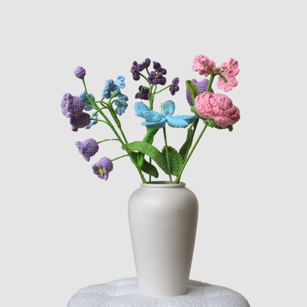 Gehaakt boeket Olivia in pastel roze, blauw en paars